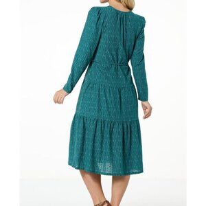 La Joie Teal V-Neck Tiered Mid-Length Pullover Puffed Shoulder Chic Retro Boho M